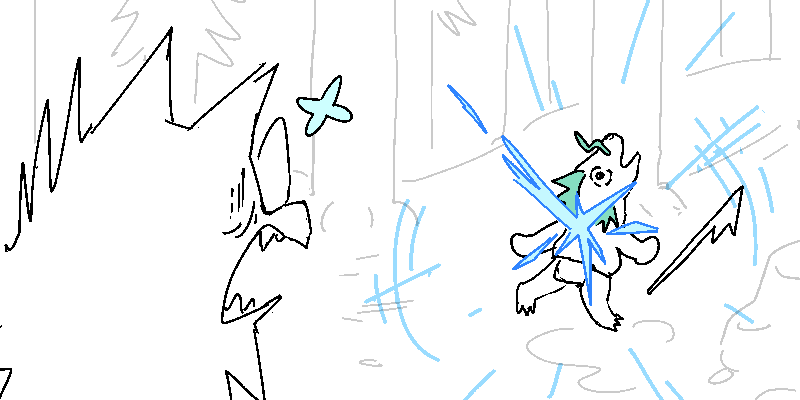 As if in response, a laser bolt rings out from between the trees and hits the manfish square in the back.
