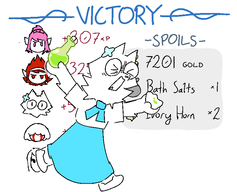 Victory!! The party confusedly get XP-- then the victory screen is rapidly interrupted by Coral barging through with a potion over her head.