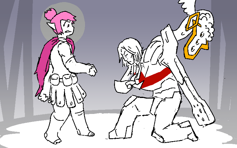 Mercy places her busted claw to her chest and kneels in a show of allegiance. This wigs Polyta the hell out.
