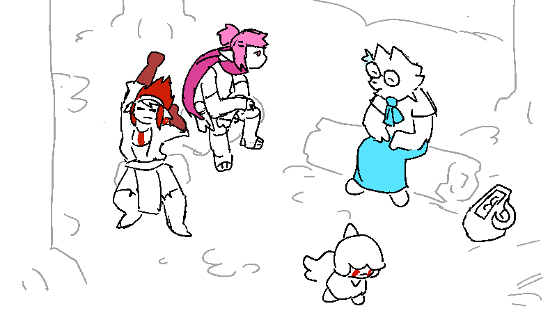 The girls sit around in the clearing, cooling off after an intense encounter -- Nix excepted; she keeps pacing back and forth across the muddy, clumpy soil.