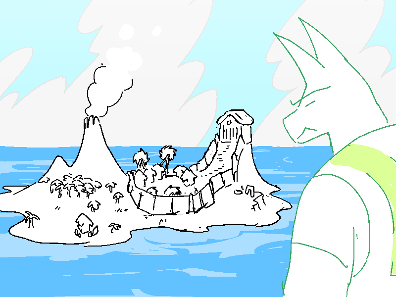 Rex watches the isle of Hollidae from afar, floating over the ocean.