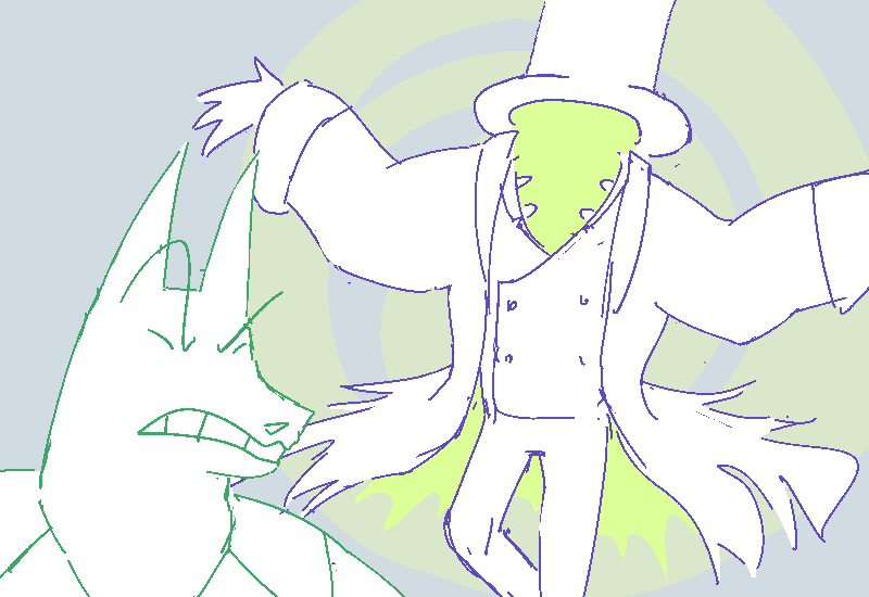 Headless Ed pops up behind him to greet him with an open armed gesture.