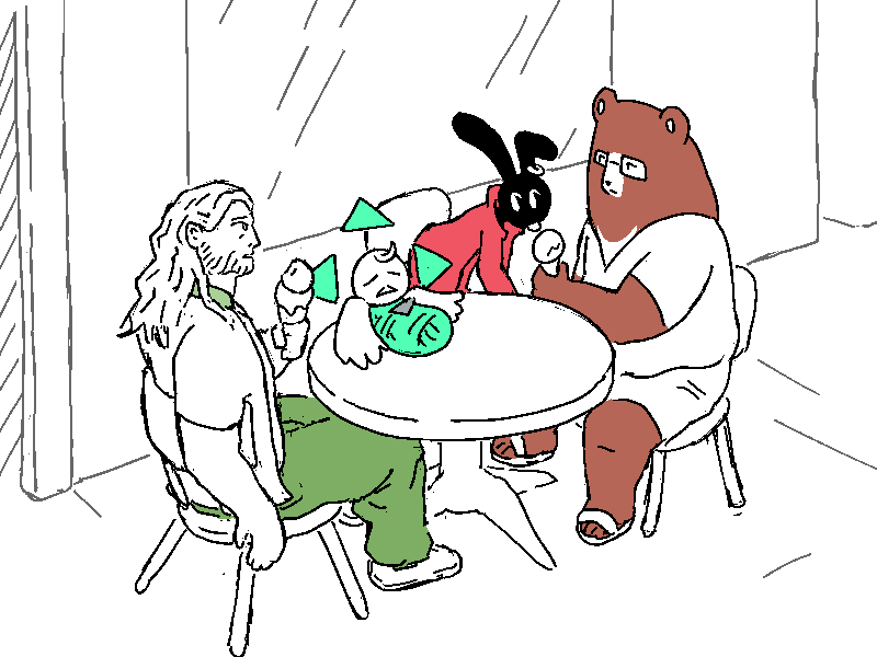 Cliff sits at a table outside the ice cream parlour with a cone in hand. He's joined by Moon-Soo and Clip affectionately sharing a cone, and Allen who has been laid down on the table.