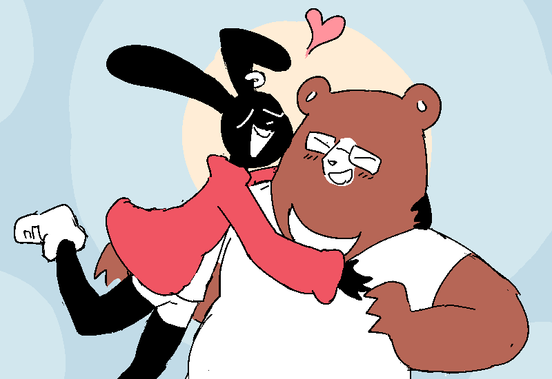 Clip cheekily wraps their arms round Moon-Soo and nuzzles his face. Moon-Soo blushes, protests, feverishly laughs, and otherwise makes no effort to remove them.