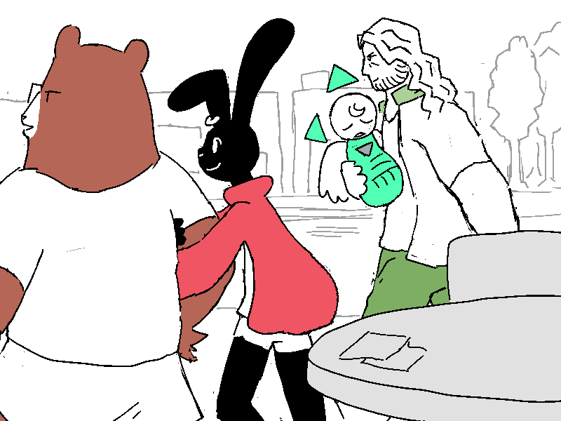 The group finish what's left of their ice creams and get up from their chairs. Cliff hoists Allen into his arms as they leave.