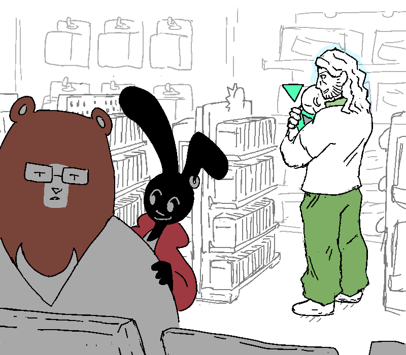 While Clip and Moon-Soo investigate a rack of monitors, Cliff Mason lingers at a shelf of games with Allen in his arms. He takes a box off and regards it fondly.