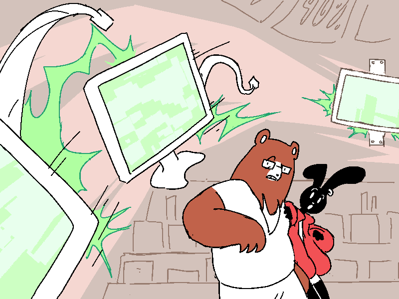 Moon-Soo and Clip duck as monitors quite literally fly off the shelves over their heads, screens bright and sparking.