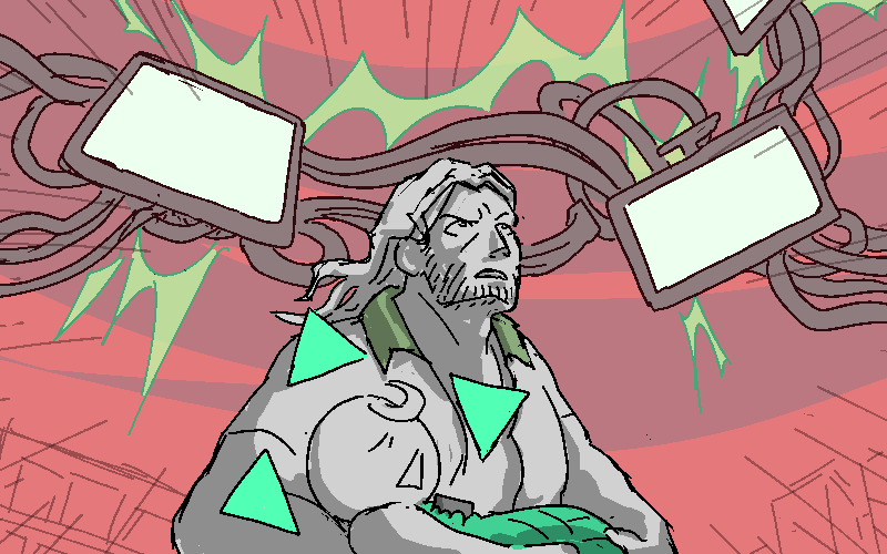 Clip crouches over Allen to protect them from the whirling devices coalescing above his head. Cables tangle between the monitors, connecting them together like sinews to bone.