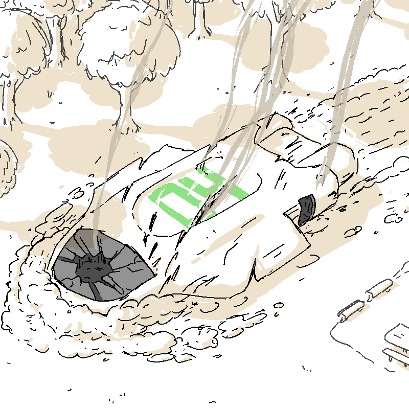 Cliff's crashed pod still remains where it first landed, smouldering in a pile of dirt and twisted metal, in middle of the park on the south side of town.