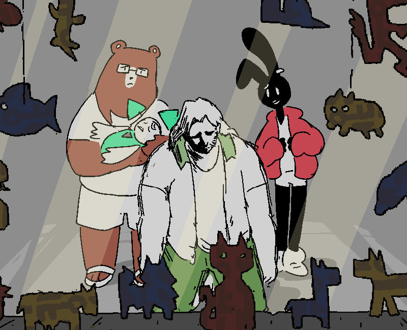 He kneels in front of it with his shoulders slumped. Moon-Soo and Clip stand behind him, concerned; Moon-Soo carries Allen in his arms.