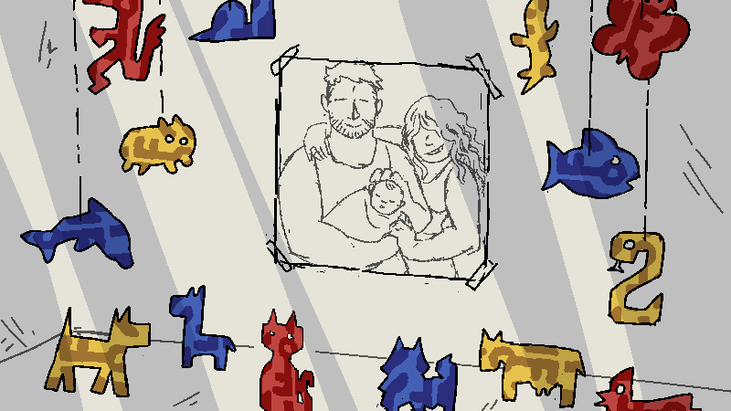 Inside the pod, Cliff has repaired his little shrine to Mesa and his son. The scattered papercraft animals restored to their places, the photo of his family recentered on the wall.