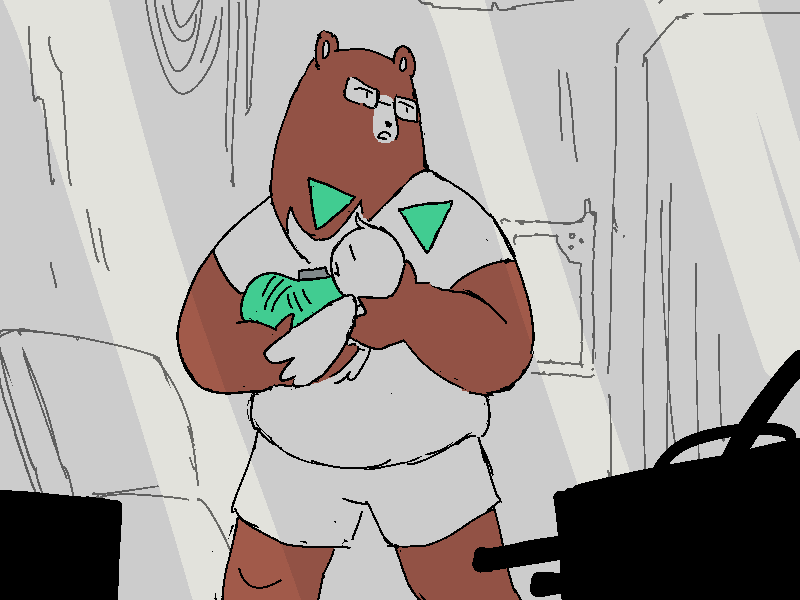 Moon-Soo walks around Cliff's wrecked pod with Allen in his arms.