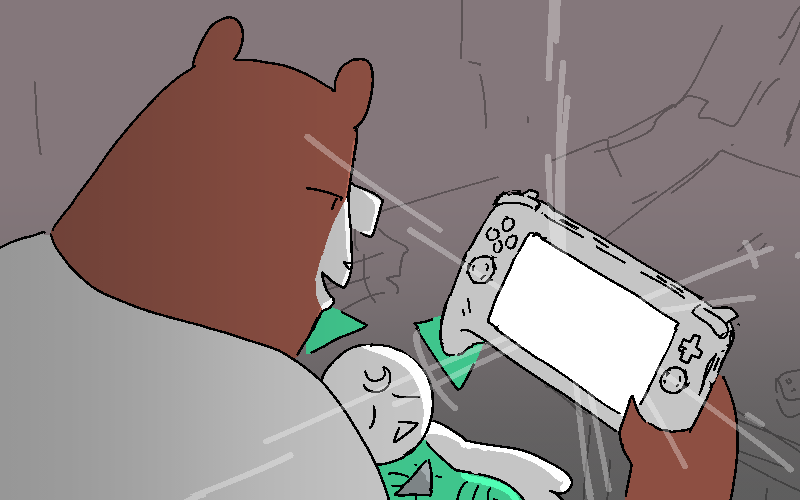 There, lying beside an upturned coffee table, he spots Cliff's game console. He picks it up with a curious smirk and turns it on.