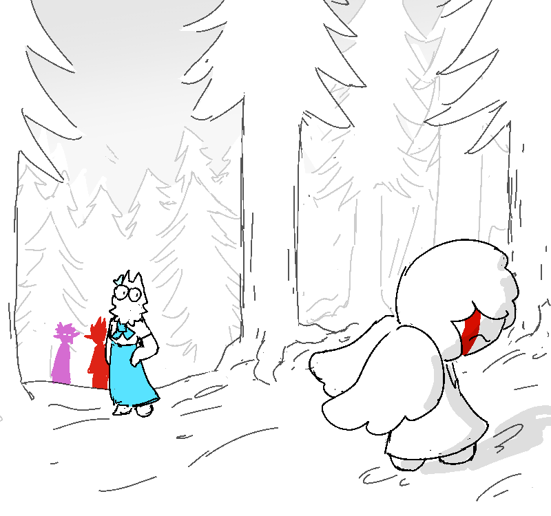 Coral, Polyta and Helen wait in a small clearing in the pine forest. Coral looks over to Nix, who is off by herself.
