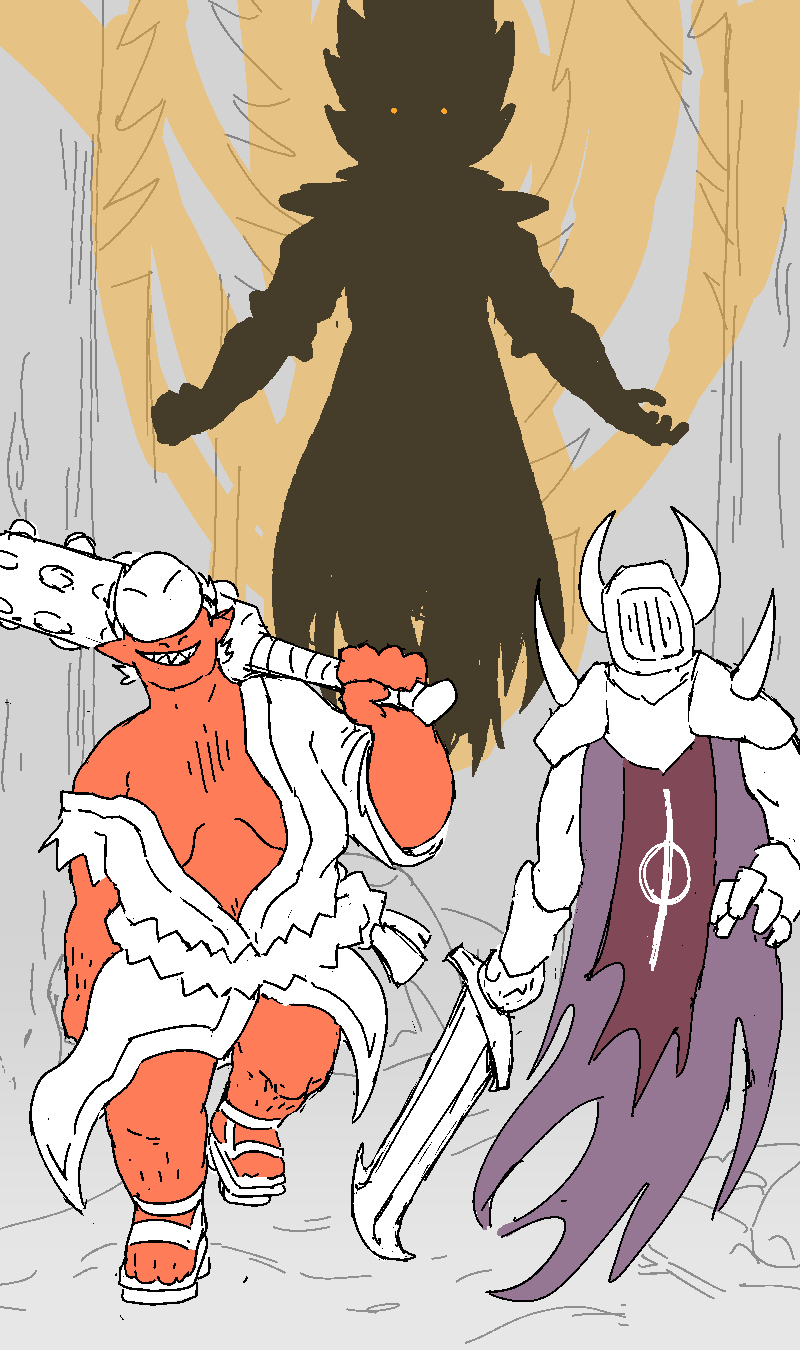 Proteus has made his appearance cast in shadow and flame. He is accompanied by his two lieutenants: Girlbeast Alexi, an ill mannered brick shithouse of an oni-woman, wearing a tattered robe and slinging a massive club over one shoulder, and the Silencing Knight, an armoured sentinel seemingly more apparition than man.