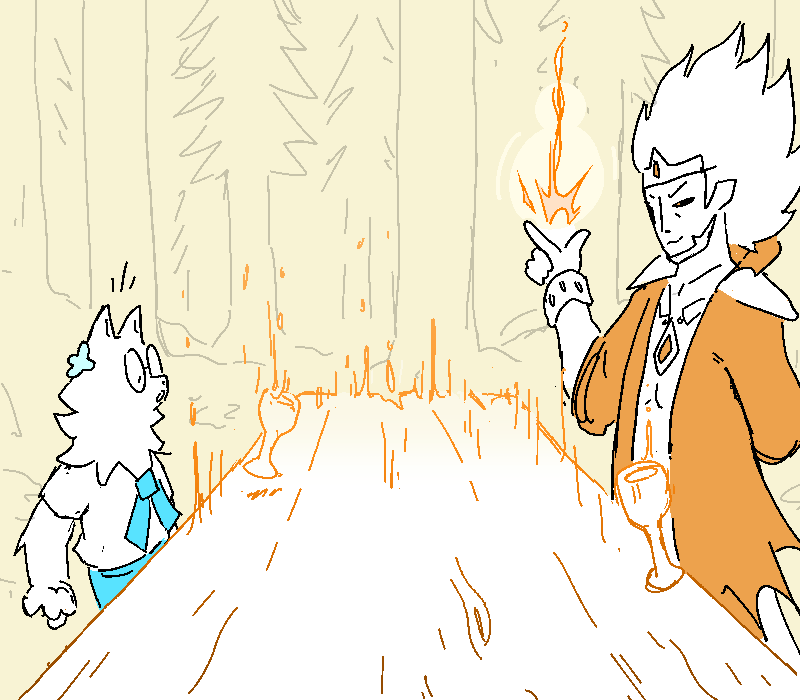 Proteus magically conjures up a long table to sit at, complete with goblets to drink from.