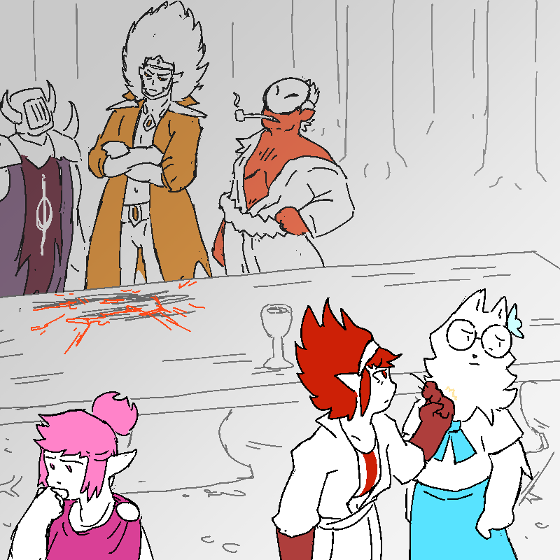 Helen takes Coral aside and checks in with a friendly knuckle-tap on the chest. Proteus leans back petulantly at his side of the scorched table.