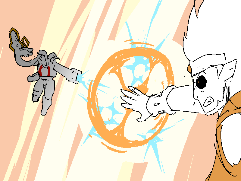 Mercy turns up to fire her plasma beams at Proteus. He blocks her shots with his magic barriers. He's angry!