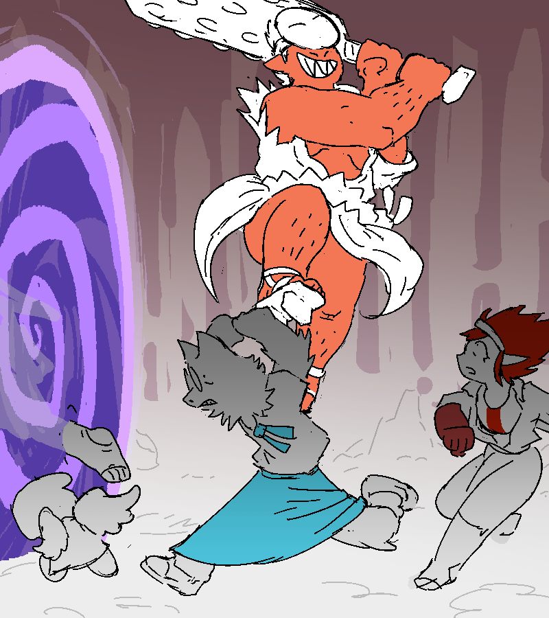 As Polyta and Nix pass through the portal, Girlbeast Alexi jumps to intercept Coral with her club raised.