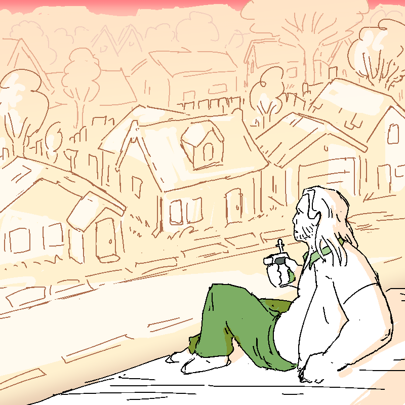 Cliff holds his communicator in his hand, sitting on the roof of the Mundy household, watching the evening sun castint its long shadows over Fairwell.