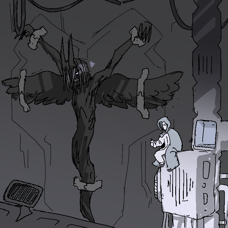 Jiro is sitting on a ventilation unit. He lets his legs dangle off the side. Behind him is the Bastard, clamped to the wall by his wrists and wings and tail, seething at him.