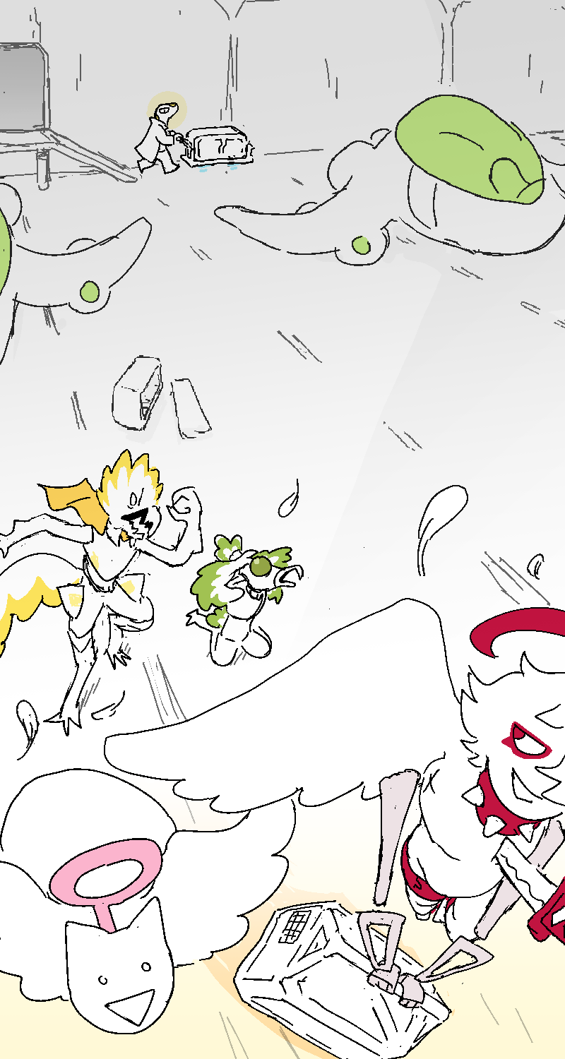 She wheels a trolley with a crate on it into a flight deck, moving toward a small Avean shuttlepod. In the same deck, an Avean Pilot and Captain assail some angels who are stealing their tools.