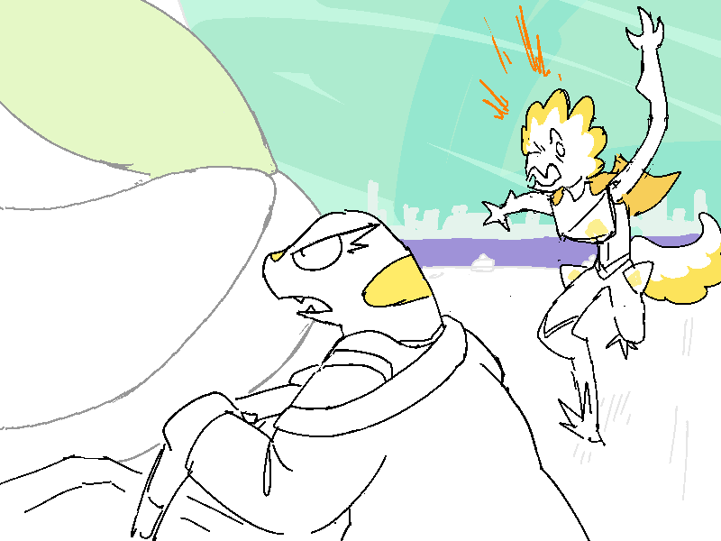 The Avean Captain spots Sunny wheeling her crate about. She runs toward Sunny with a claw raised.