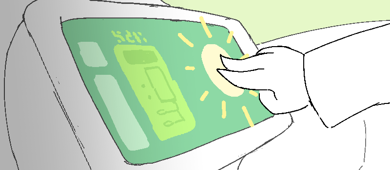 Sunny pushes a button on the flight console.