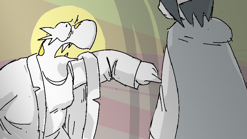 Sunny pleads with Jiro, pushing at his chest with her index finger.