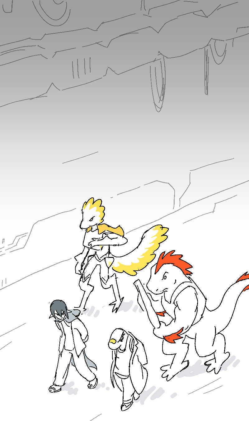 An Avean Captain and a Heavy escort Jiro and Sunny, both handcuffed, through the halls of the facility.