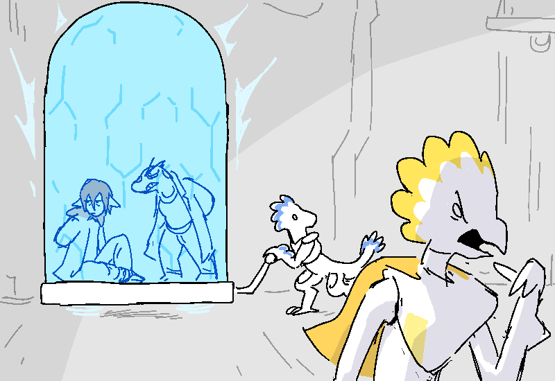 Jiro and Sunny are shoved into a holo-cage being pushed by a grunt, continuing their argument unabated. The Captain barks behind her as she and the Heavy leave.