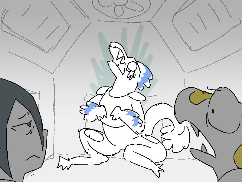 Glard, now sitting with Sunny and Jiro in a vent nexus with an overhead fan, just full-on panics with wailing and weeping and everything.