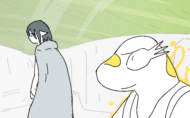 He steps away from her, but they share a brief look and an uneasy smile as they do.