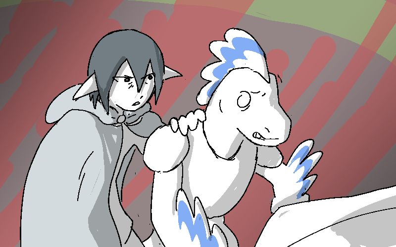 Glard desperately fumbles at the controls, trying to boost the engines as hard as he can. Jiro is right behind him with a hand on his shoulder.