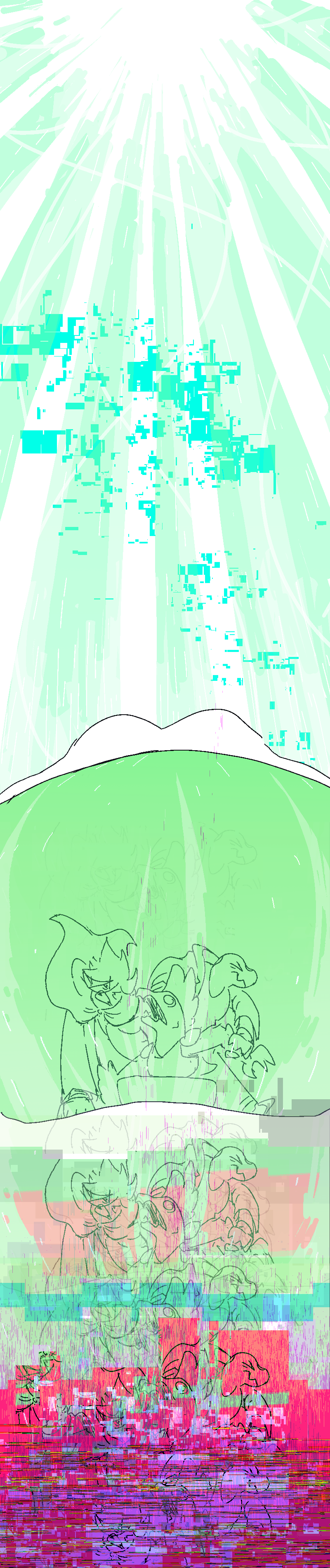 Sunny, Jiro and Glard blast through hyperspace, an overwhelming kaleidoscopic experience. As they approach their destination reality buckles and splits open, the glitches pour in through the open seams,