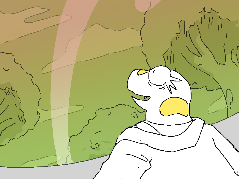 Sunny looks out the window, sees the gum trees hanging overhead and the clouds in the sky. She starts panting with croaky laughter.