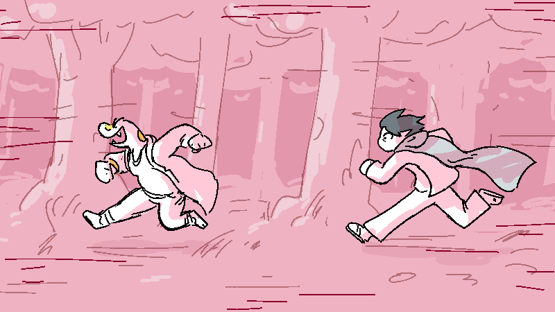 Sunny dashes through the woods, leaping over roots, damn near skipping over the leaf litter, as Jiro barely keeps up behind her.