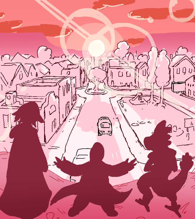 Jiro reaches Sunny's side, and Glard is just catching up. The three of them look over at the town that's crested over the hill. Sunny raises her arms as though presenting the view to her compatriots.