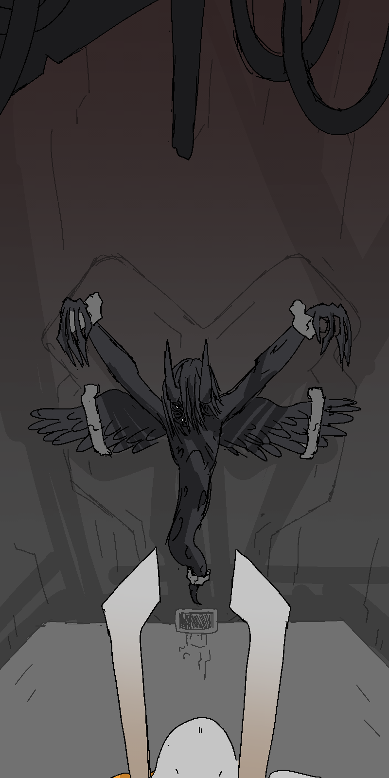 In a dark chamber of the facility, the Bastard still hangs against a wall. He lifts his head an inch. He has a visitor.