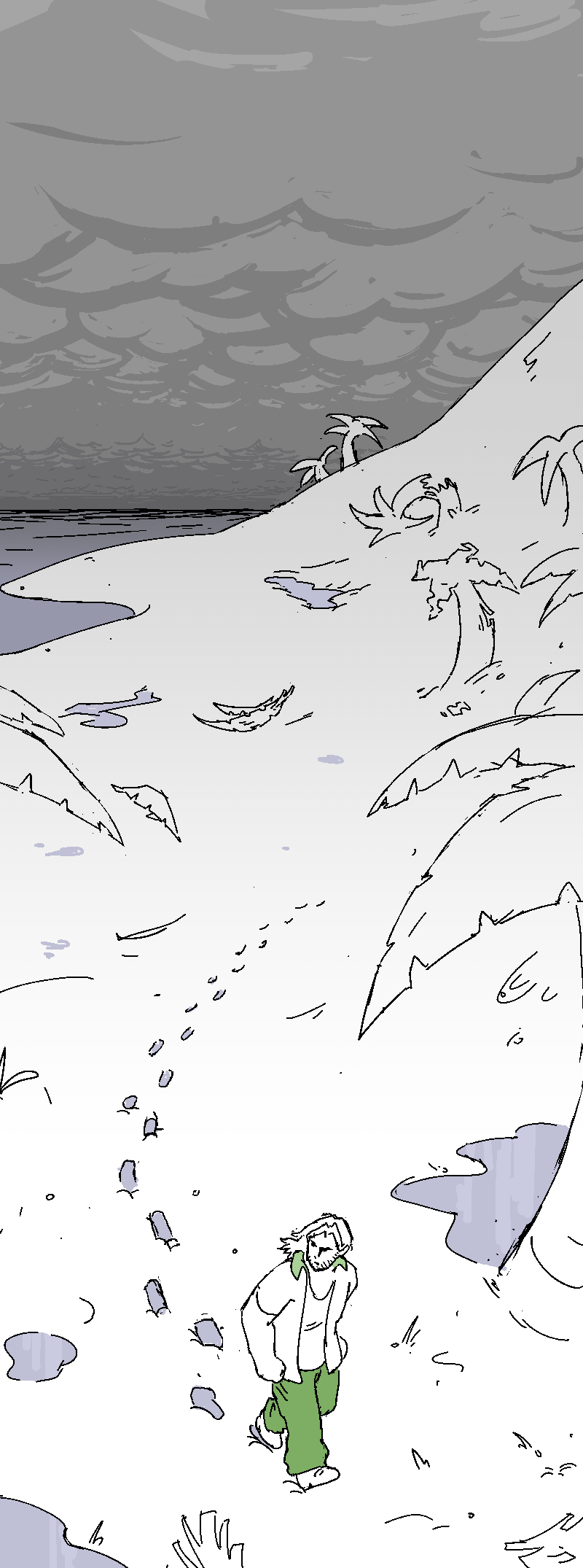 The sky over Hollidae is grey and murky. The ground is marshy with pools of water, and the once pristine palms are now battered and frayed. Cliff is here, squelching along with renewed resolve.