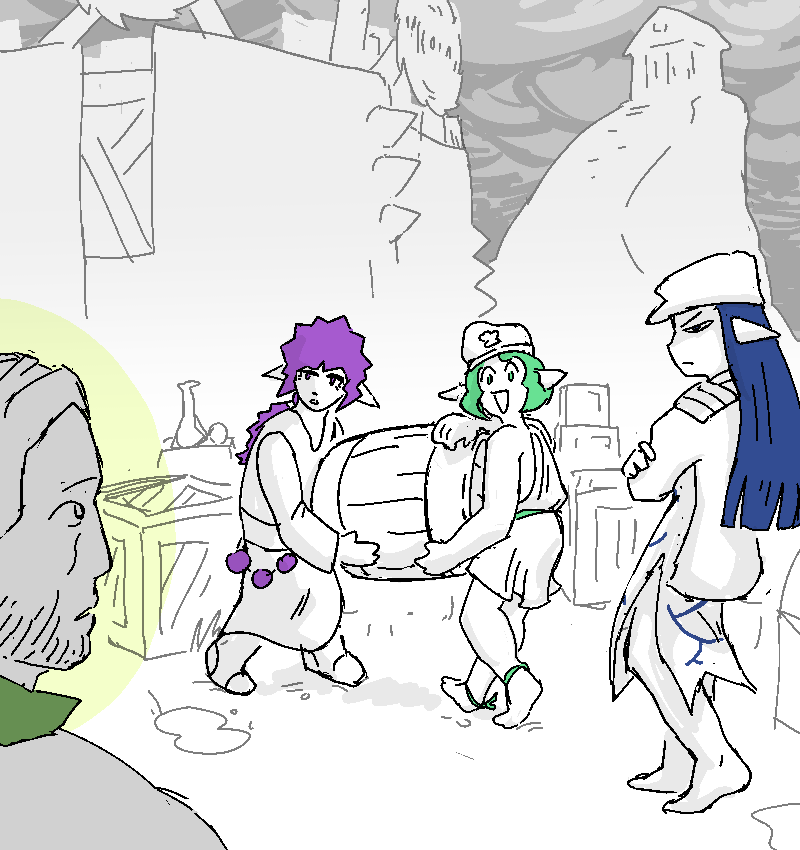 Cliff encounters Eladea, taking stock of a collection of barrels and boxes currently sitting just outside the gate into town. In the background, Zabelle carries one around with Rilly's help. Eladea, Rilly and Zabelle notice Cliff walking up from behind.