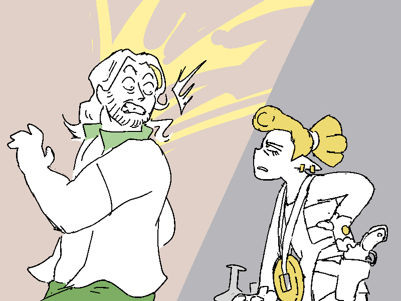 Casandra, leaning menacingly on a crate, startles him from behind.