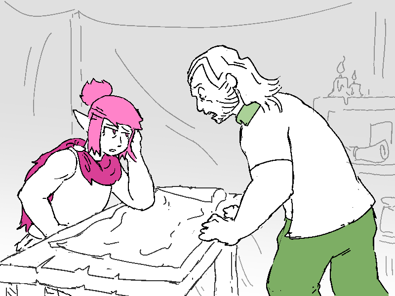 Polyta wearily explains the situation to a shocked Cliff. She's leaning on at her wooden table, poring over a map in her war tent.