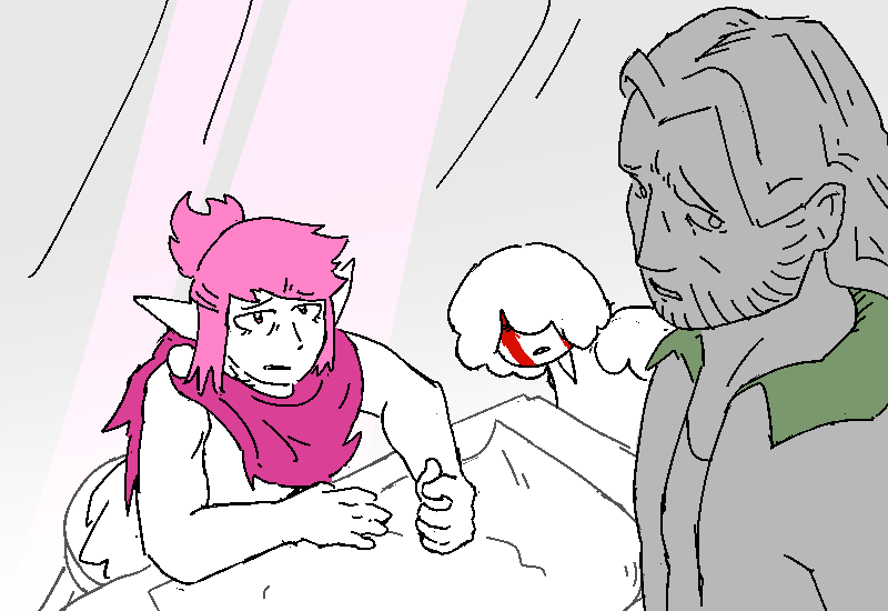 Cliff reflexively turns away. Polyta lays her hands against the table and tries to talk honestly and plainly.