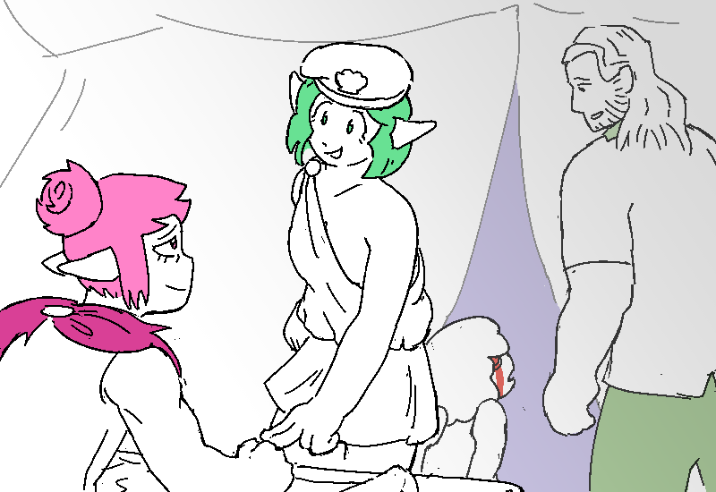 As Cliff and Nix leave the war tent, Rilly lingers for a moment. She brushes two fingers against Polyta's hand. Polyta can't help but smile, a little bit.