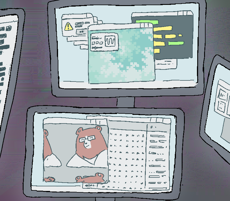 Moon-Soo has the console plugged into his computer running debug functions on the multimonitor setup. Lines of code speed past hex editors and open spritesheets, and a strange fractal helix in the center of it all.