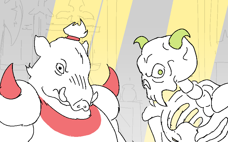 She gets their attention. The Orklin and the Bone Demon break from their no doubt riveting conversation to give Coral the stink-eye.