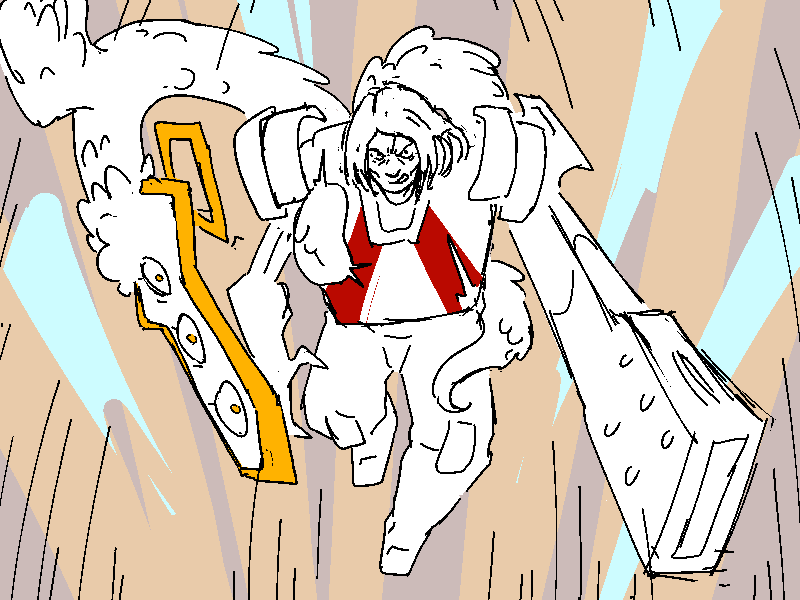 Mercy bursts in, guns blazing. Her suit is more beaten than before, with the sword angel worming into the open fissures.