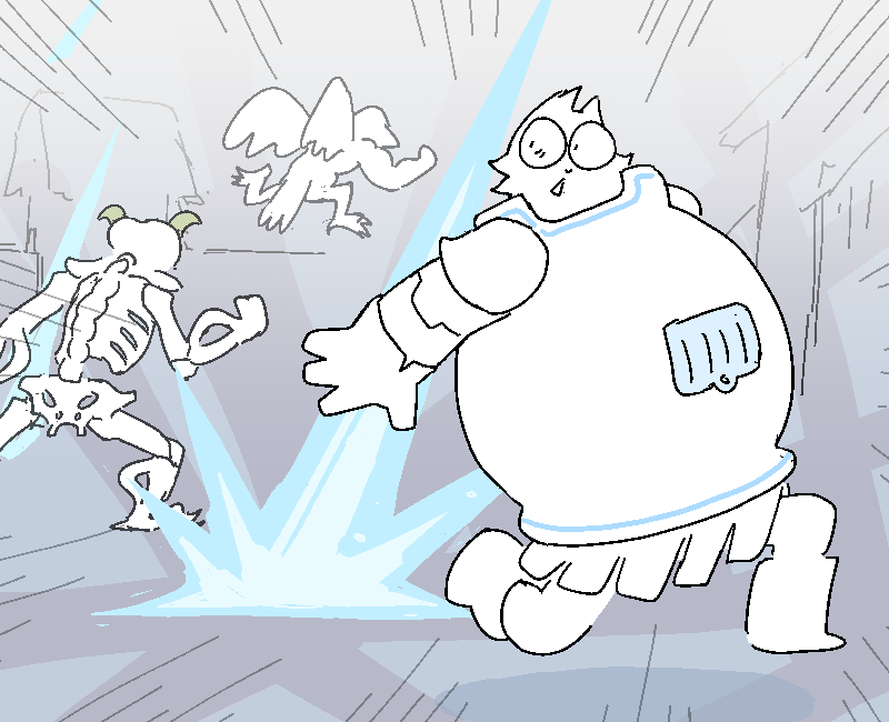 Helen, as the bottom legs, runs to escape Mercy's assault upon the outpost. Coral's arms flail as they run.