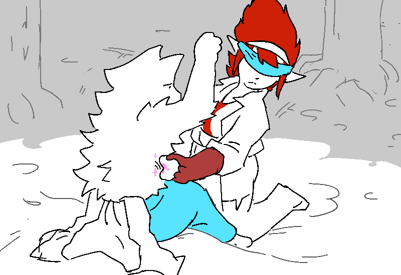 Coral, shirt removed, sits still while the blindfolded Helen dabs potion around her chest.